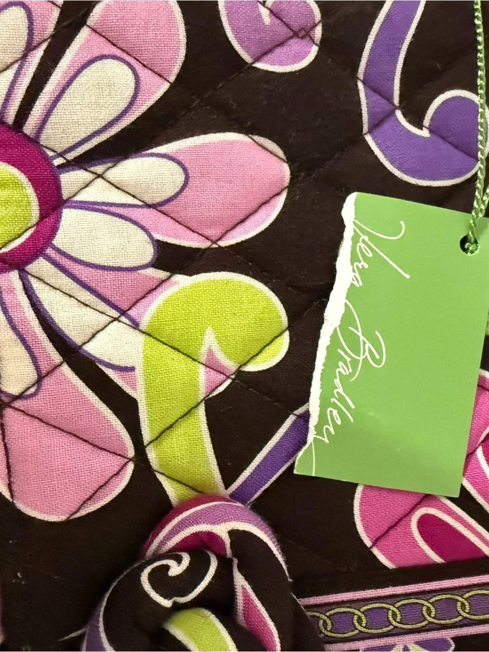 Vera Bradley Black Floral Quilted Wristlet with Pink and Green Accents